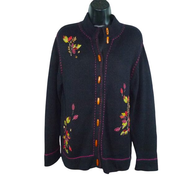 Erika Women’s Petite Large Black Embroidered Cardigan Sweater Floral Fall - Picture 1 of 9